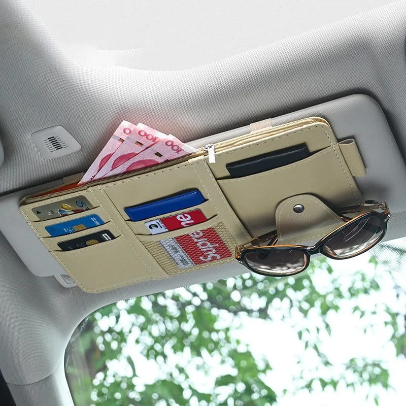 Car Sun Visor Organizer - Multi-pocket Zipper Auto Truck SUV Storage Pouch - Delicate Leather
