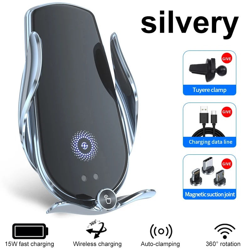 Universal Car Cell Phone Holder Bracket 15W Wireless Charging Handsfree Phone Holder for Dashboard, Windshield, Vent - Delicate Leather