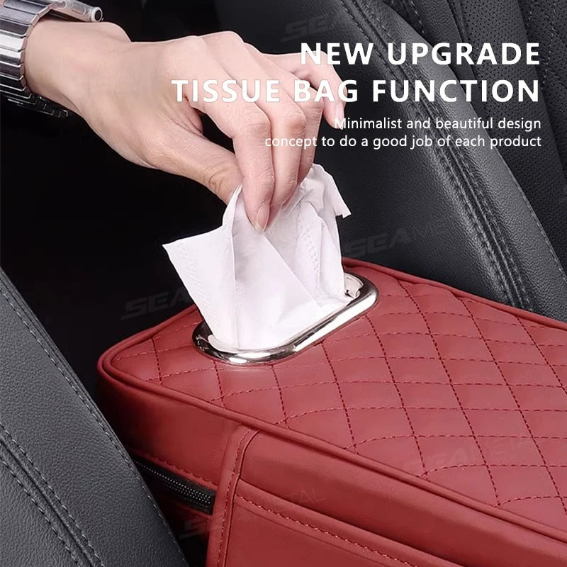 Thickened Memory Foam Car Armrest Cushion – PU Leather Center Console Cover with Tissue Holder & Storage Pocket - Delicate Leather