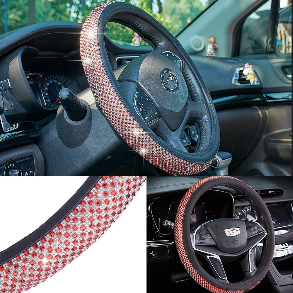 Luxury 3D Square Diamond Steering Wheel Cover – Ultra Bling Crystal PU Leather Fit for 37.5–38cm - Delicate Leather