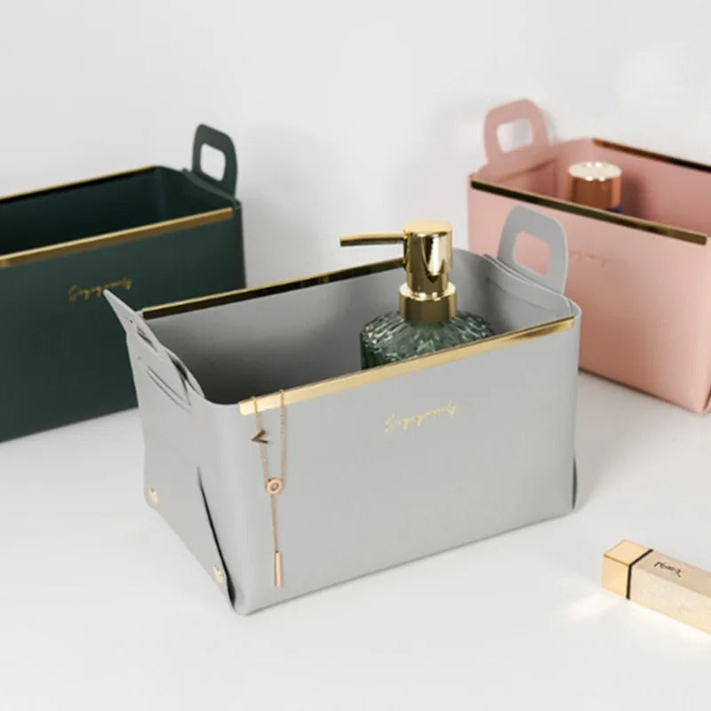 Desktop Finishing PU Leather Storage Box - Household Foldable Cosmetic Storage Basket with Handle, Sundry Key Coin Decorative Plate - Delicate Leather