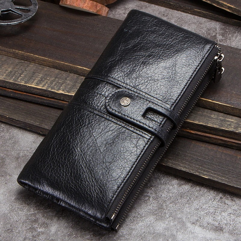 Men’s Long Clutch Wallet – Genuine Cowhide Leather with Card Holder & Zipper Coin Pocket - Delicate Leather