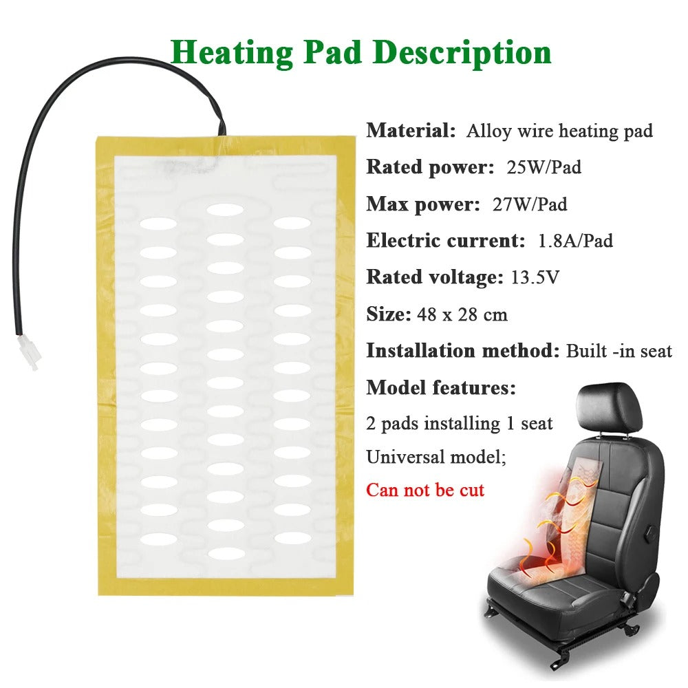 12V 100W Universal Car Seat Heater Kit for 2 Seats – Alloy Wire Heating Pads with Ventilation Holes & 2-Level Switch - Delicate Leather