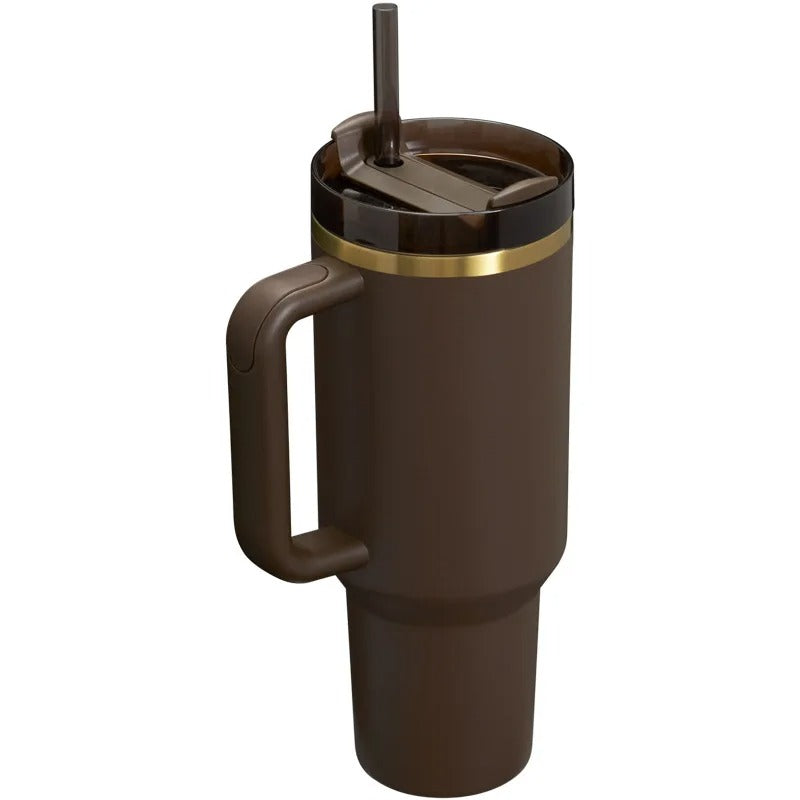 40oz Insulated Stainless Steel Tumbler with Lid & Straw – Large Capacity Vacuum Car Mug with Handle - Delicate Leather