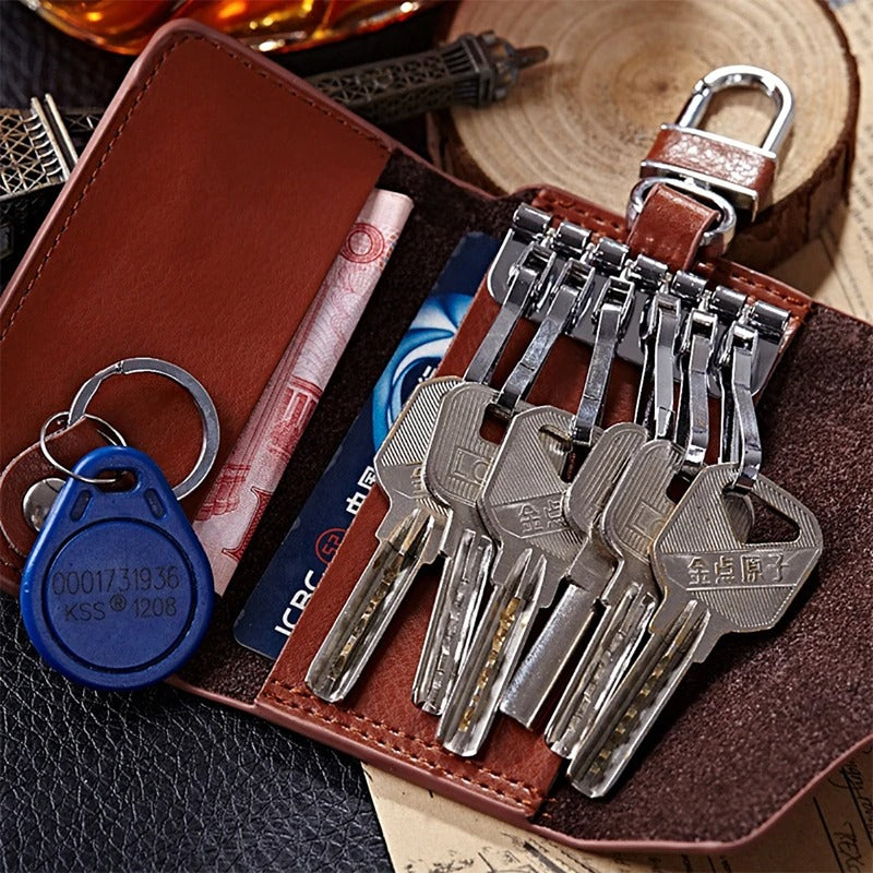 Genuine Leather Key Case Wallet – Multi-Function Key Organizer with Buckle and Card Slot for Men and Women - Delicate Leather