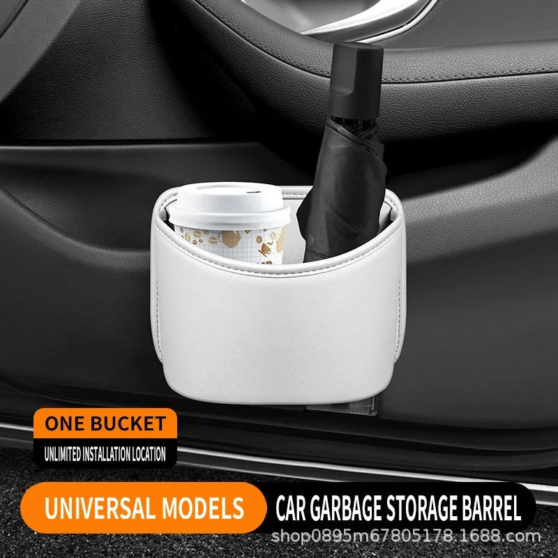 Multifunctional Car Trash Can with Rolling Cover – Seat Back Cup Holder & Door Storage Organizer, PVC Material, Universal Fit - Delicate Leather