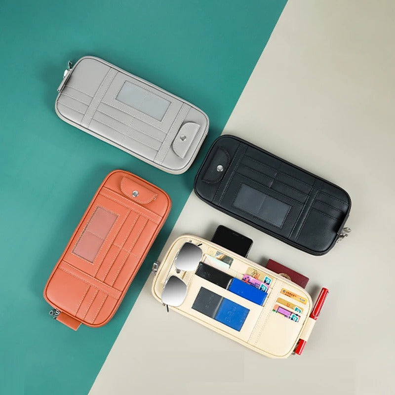 Auto Sun Visor Organizer Storage Box - Multi-Pocket Car Accessories Organizer with Sunglasses Clip - Universal Fit for Cars, Trucks, and SUVs - Delicate Leather