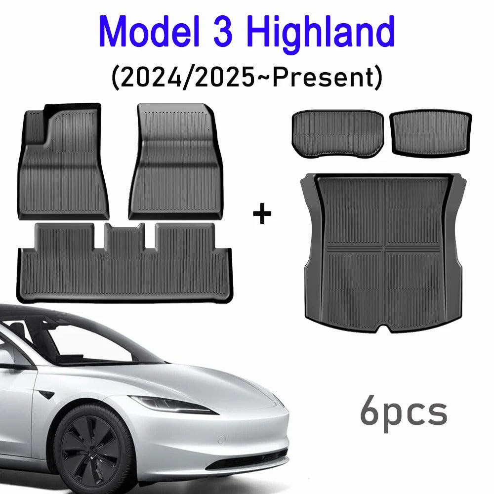 TPE Floor & Trunk Mats Set for Tesla Model Y 2021–2025 & Model 3 Highland – Waterproof, Anti-Slip Liner - Delicate Leather
