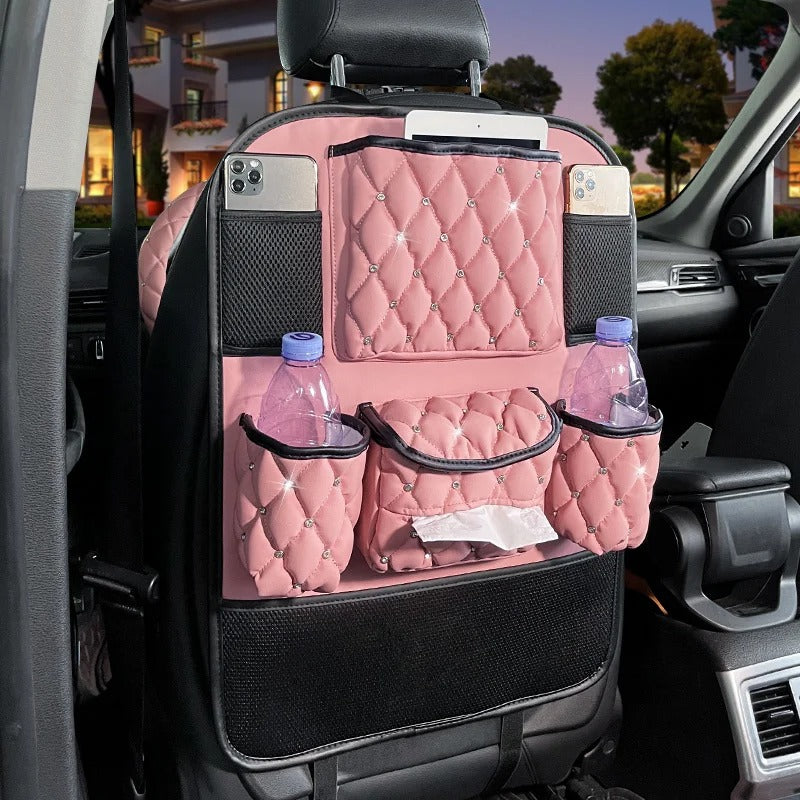 Pink Diamond Leather Car Backseat Storage Bag – Hanging Tissue & Phone Organizer - Delicate Leather
