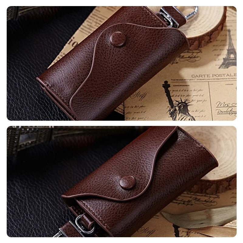 Genuine Leather Key Case Wallet – Multi-Function Key Organizer with Buckle and Card Slot for Men and Women - Delicate Leather