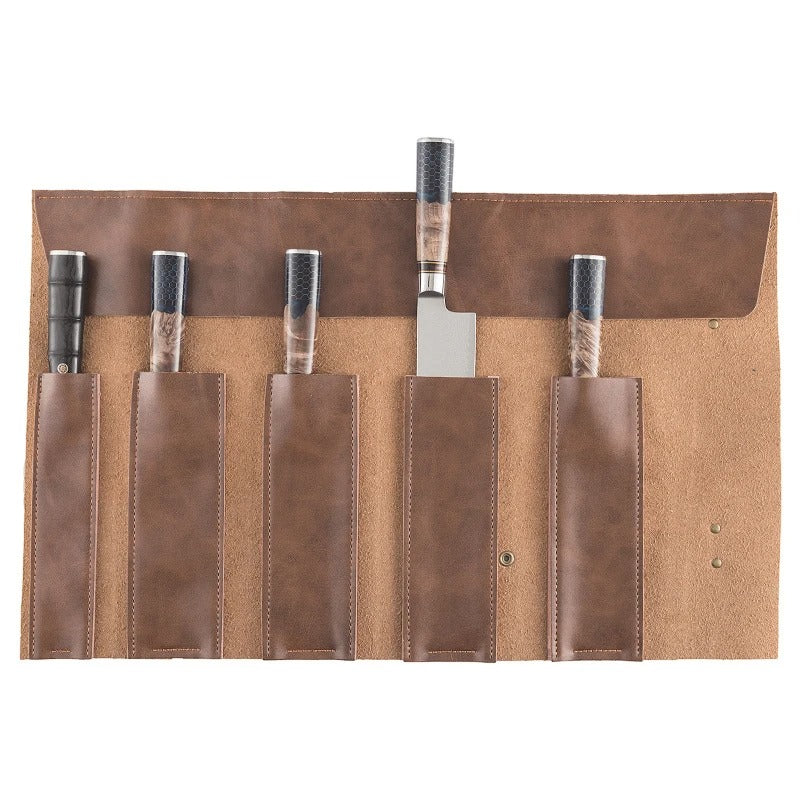Portable Leather Chef Knife Roll Bag - Two-Layer Cowhide Storage Case for Kitchen and Camping - Delicate Leather