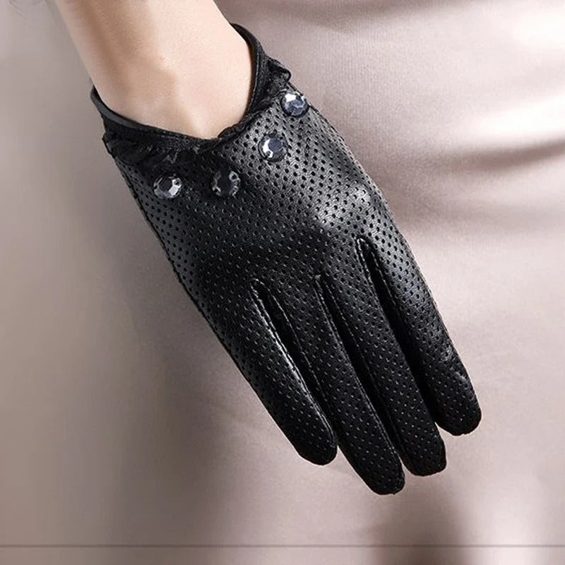 Thin Women's Sheepskin Gloves with Touch Screen and Mesh Design - Delicate Leather