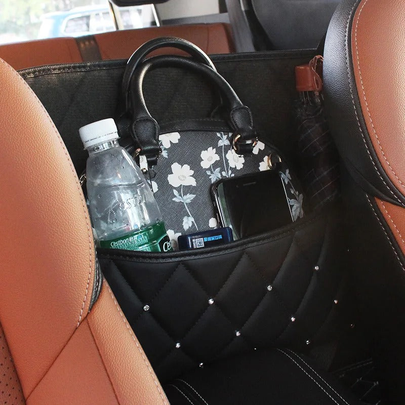Crystal Rhinestone PU Leather Car Storage Bag – Stylish Backseat Organizer with Multi-Pockets