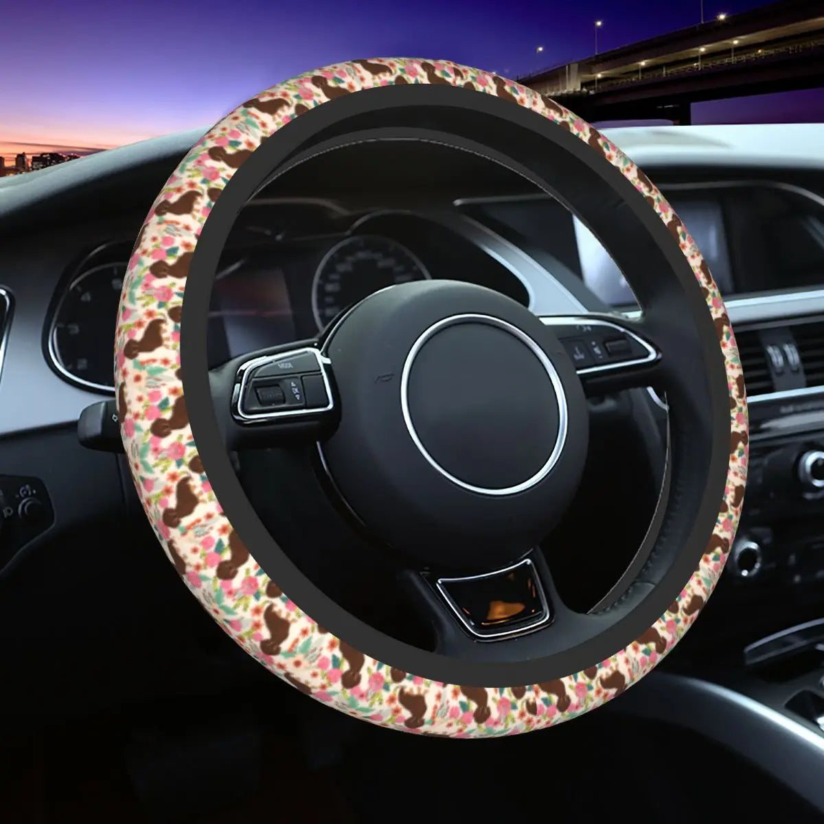 Doxie Florals Dachshund Steering Wheel Cover, Sausage Dog Car Steering Wheel Cover , Car Accessories 40 - Delicate Leather