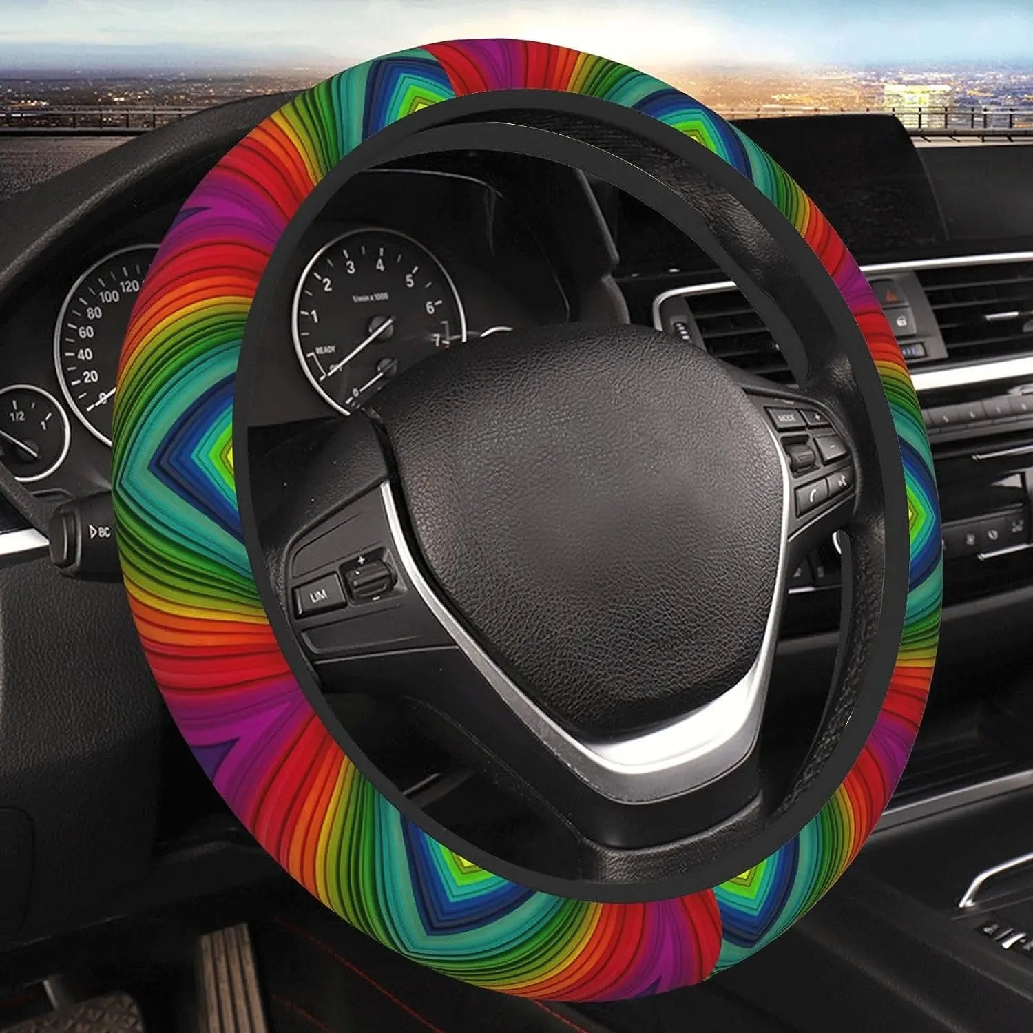 Retro Rainbow Stripes Steering Wheel Cover for Women, Bright Rainbows, Colorful Car Steering Wheel Cover Cute, Car Wheel Cover, Aesthetic Car Decor, Car Gift, Car Accessories 27
