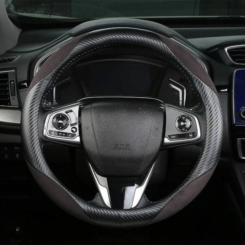 Carbon Fiber Style Steering Wheel Cover – Anti-Slip Universal Grip Interior Accessory - Delicate Leather