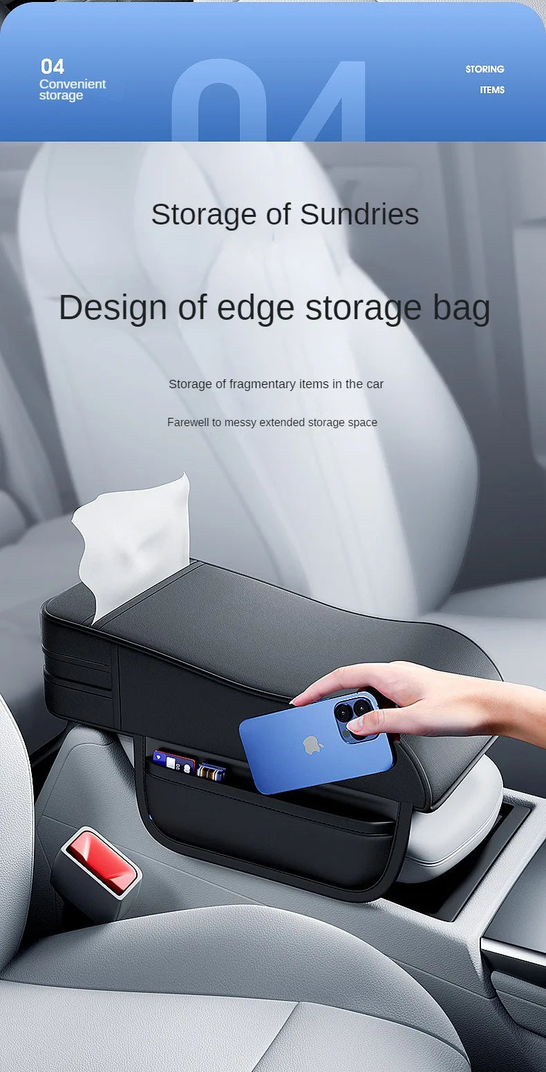 Car Armrest Cushion with Tissue Holder – Leather-Style Height Pad for Center Console - Delicate Leather