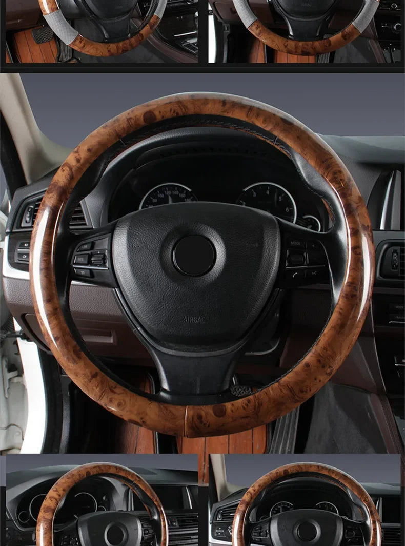 Wood Grain Steering Wheel Cover – PU Leather Anti-Slip Breathable 38cm Universal Fit - Delicate Leather