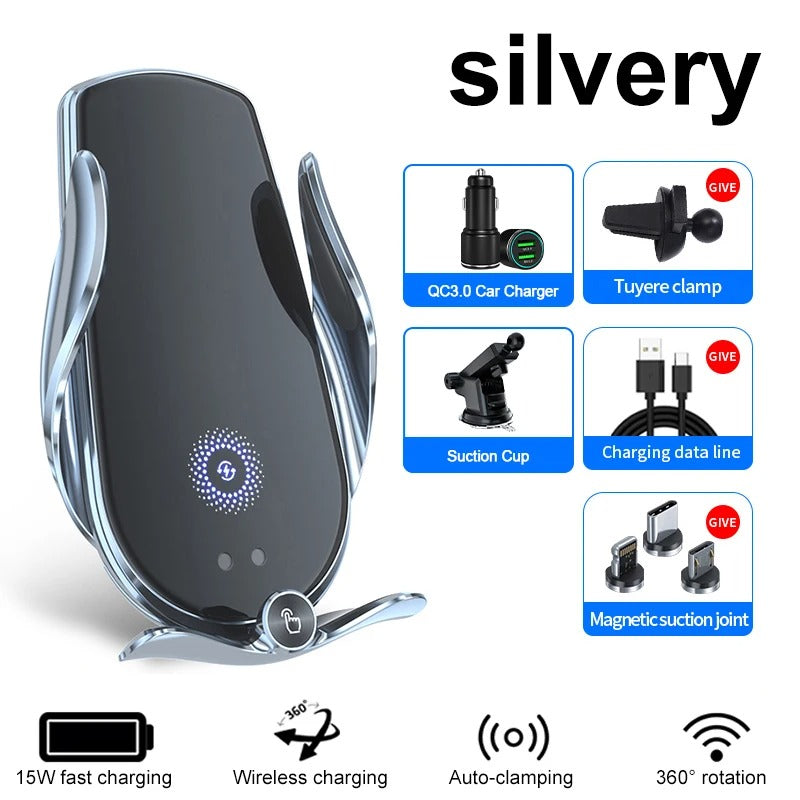 Universal Car Cell Phone Holder Bracket 15W Wireless Charging Handsfree Phone Holder for Dashboard, Windshield, Vent - Delicate Leather