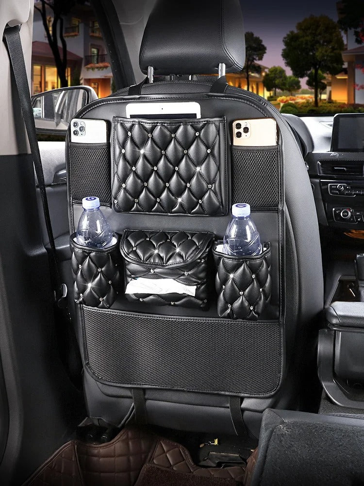 Pink Diamond Leather Car Backseat Storage Bag – Hanging Tissue & Phone Organizer - Delicate Leather