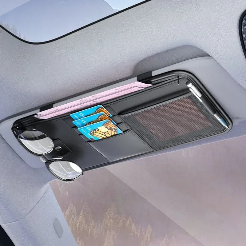 PU Leather Car Sun Visor Organizer – Multi-Pocket Storage Bag for Cards & Sunglasses - Delicate Leather