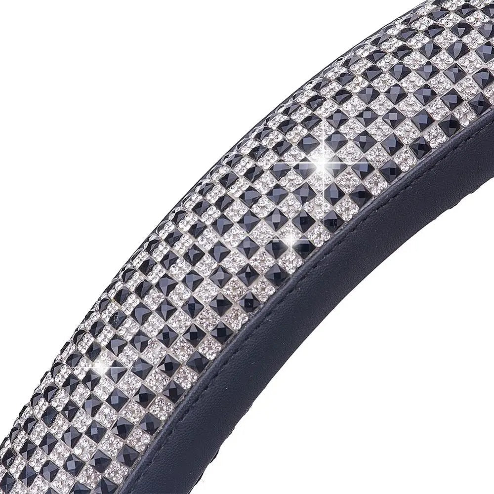 Luxury 3D Square Diamond Steering Wheel Cover – Ultra Bling Crystal PU Leather Fit for 37.5–38cm - Delicate Leather