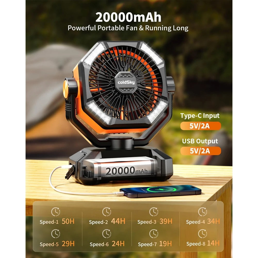 20000mAh Rechargeable Camping Fan with LED Light – 8-Speed Portable Desk Fan with Remote Control, USB Charging - Delicate Leather