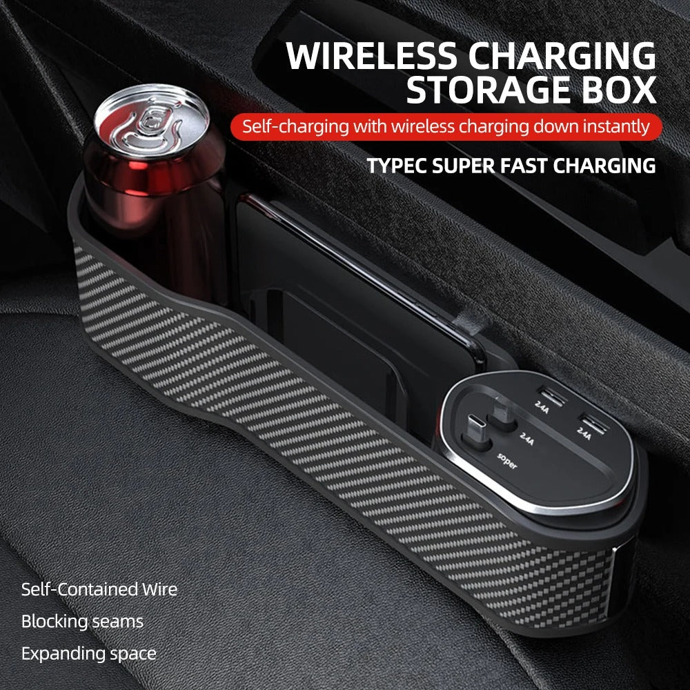 Car Seat Gap Filler Organizer with Cup Holder and Wireless Charging - Delicate Leather