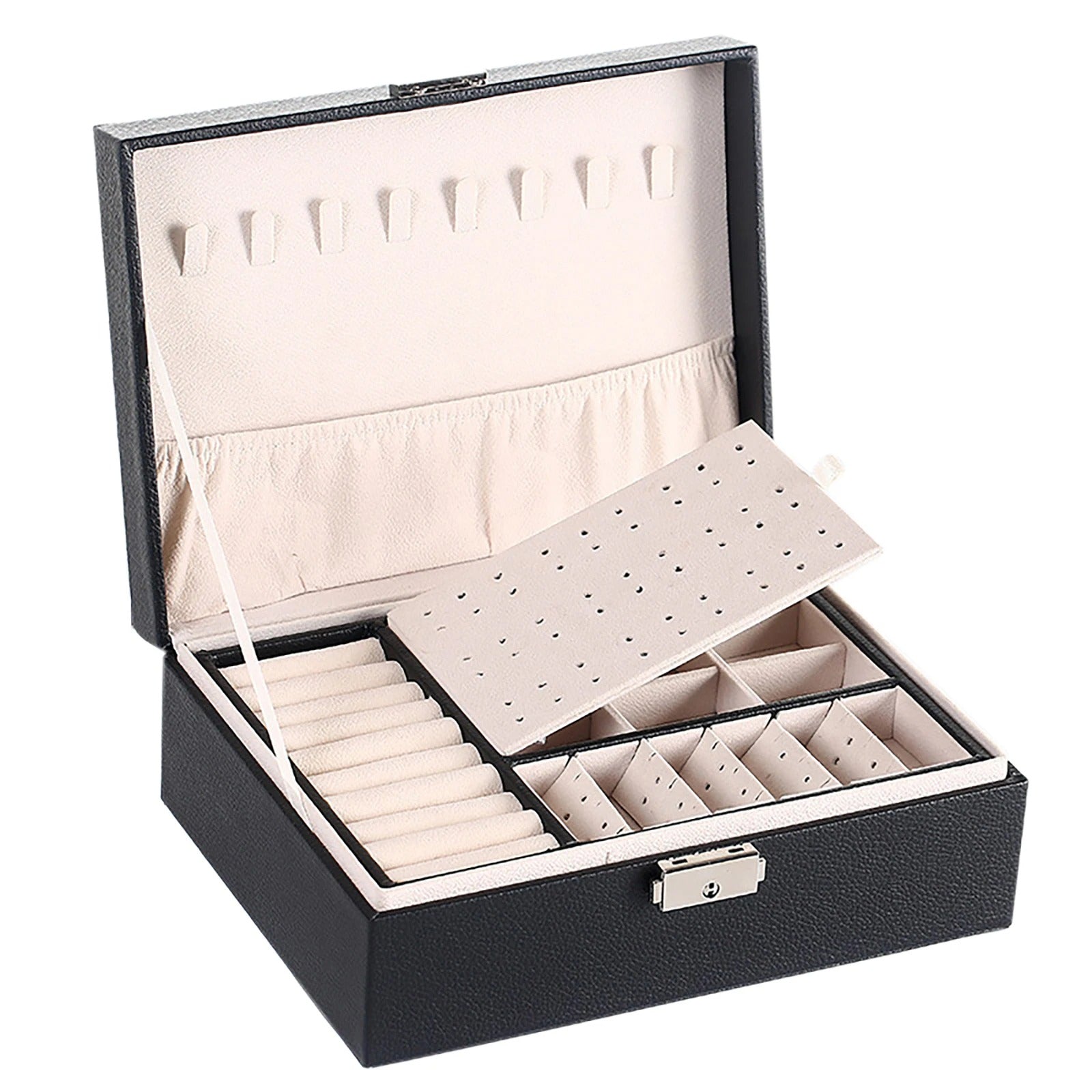Portable Jewelry Box - Jewelry Organizer Display Travel Case, 2 Layer Leather Jewelry Box for Women, Large Capacity, Lockable Organizer Holder - Delicate Leather