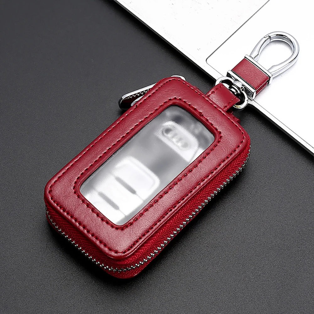 Universal Car Key Case – Transparent Mini Keychain Bag with Cowhide Leather and Metal Buckle - Delicate Leather