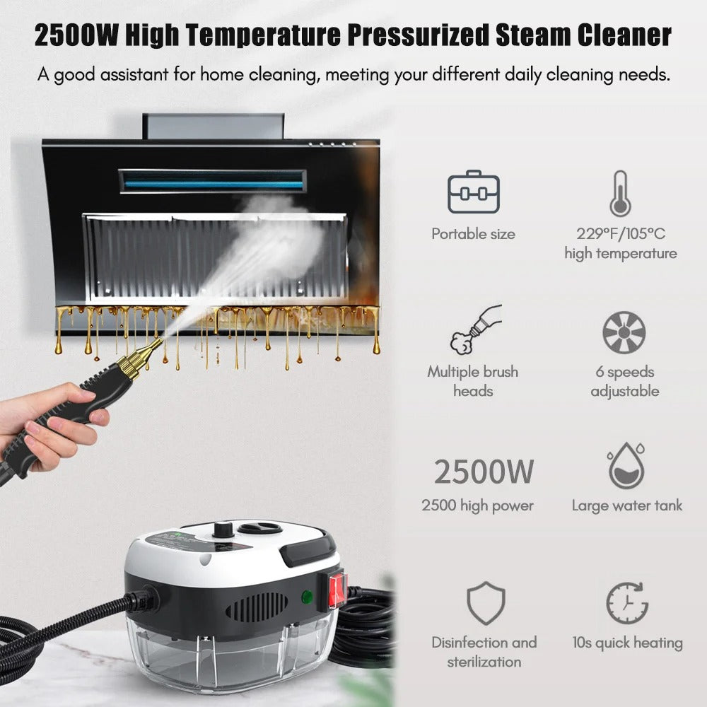 2500W Portable Handheld Steam Cleaner – High-Temperature Pressurized Cleaning Machine with Brush Heads