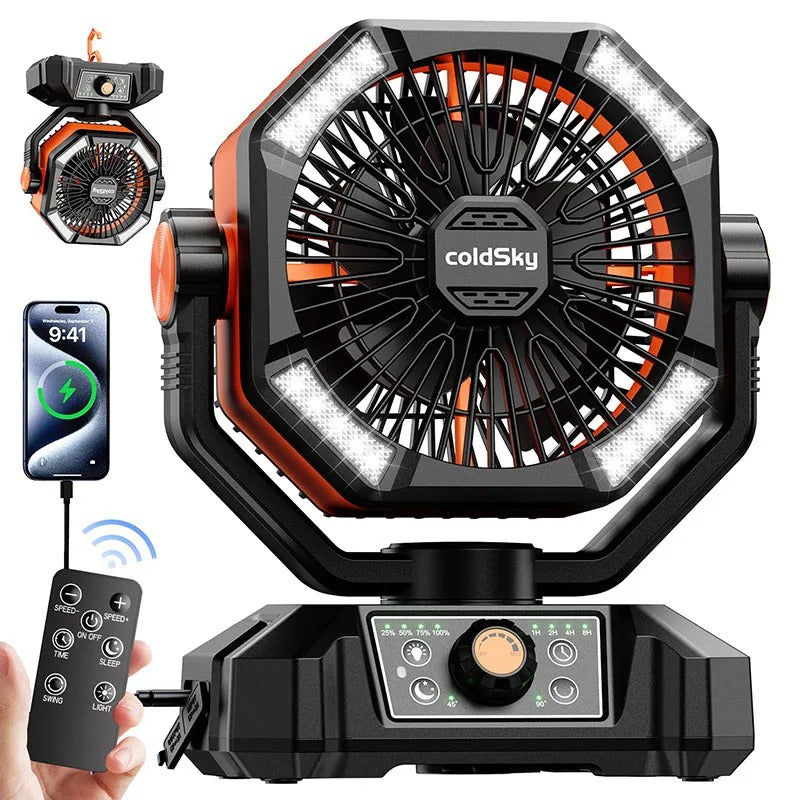 20000mAh Rechargeable Camping Fan with LED Light – 8-Speed Portable Desk Fan with Remote Control, USB Charging - Delicate Leather