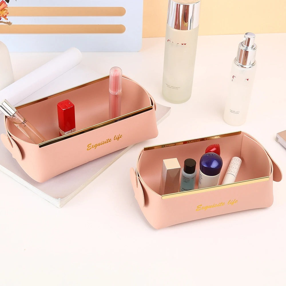 Nordic Leather Desktop Storage Box, PU Foldable Grocery Basket, Household Dice Tray Organizer, Cosmetic Coins Decorative Plate - Delicate Leather