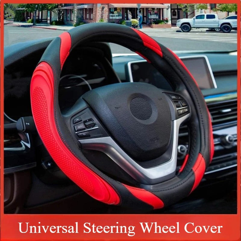Spliced Leather Steering Wheel Cover – Concave-Convex Massage Design, Non-Slip Universal Fit 38 cm, All-Season Car Interior Accessory - Delicate Leather