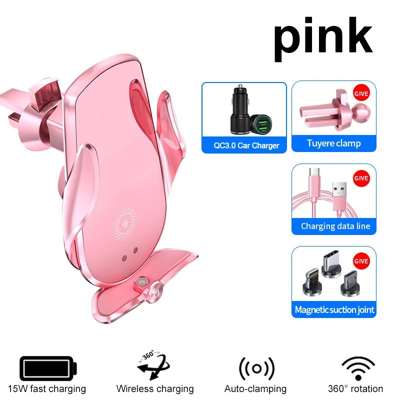 Universal Car Cell Phone Holder Bracket 15W Wireless Charging Handsfree Phone Holder for Dashboard, Windshield, Vent - Delicate Leather