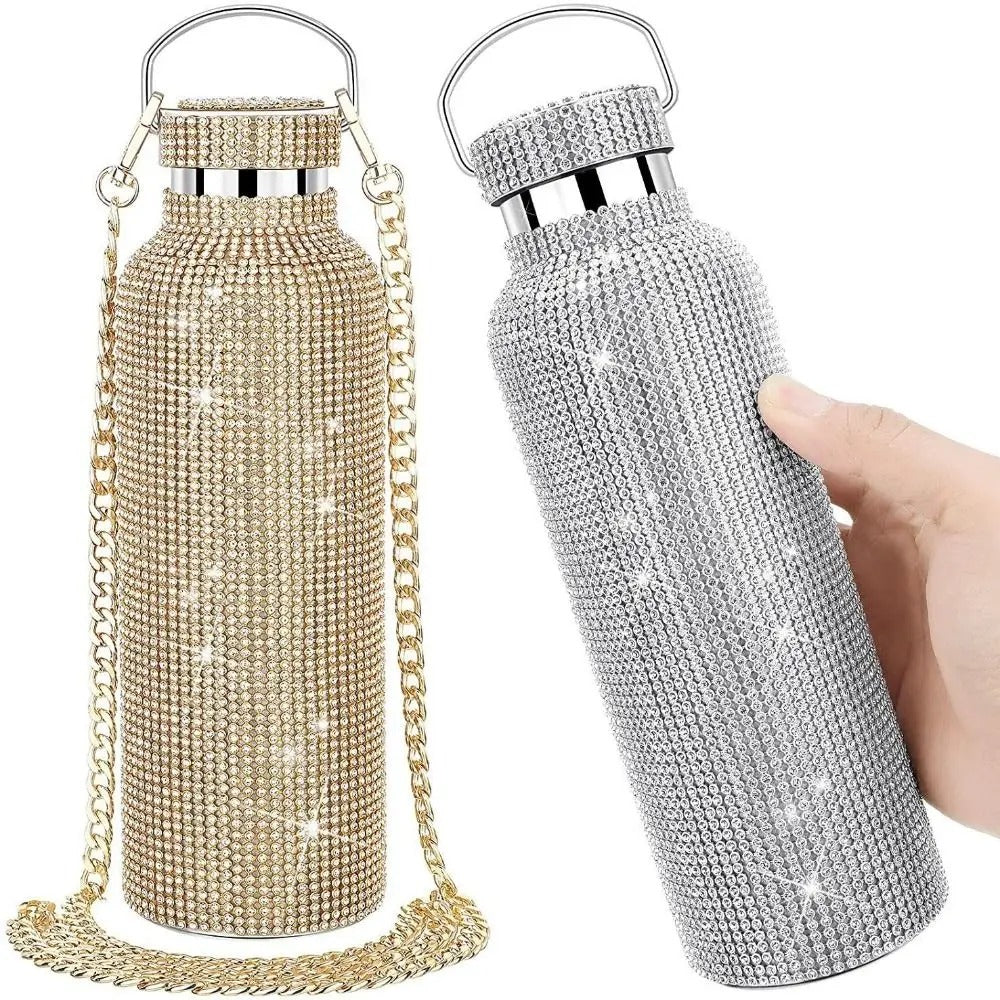 Bling Rhinestone Stainless Steel Water Bottle – Glitter Tumbler with Chain Strap & Thermal Insulation - Delicate Leather