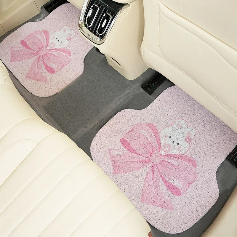 Cute Cartoon Bow Car Floor Mats – 4PCS Silk Ring Printed, Anti-dirty, Anti-slip, Decorative Car Interior Mats - Delicate Leather