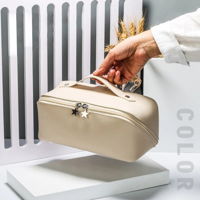 Luxury Lady Makeup Case Storage Pouch, Large Travel Cosmetic Bag for Women, Leather Makeup Organizer, Female Toiletry Kit Bags - Delicate Leather