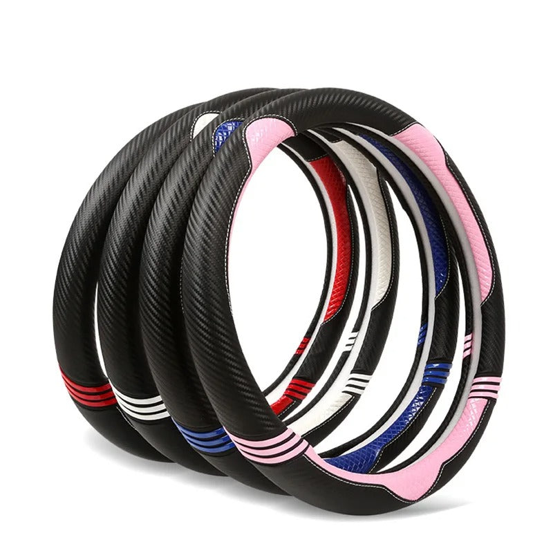 Cute Cat Ear Steering Wheel Cover – Soft Carbon Fiber Pattern, Anti-Slip O/D-Shape Universal 38cm Car Accessory for All Seasons - Delicate Leather