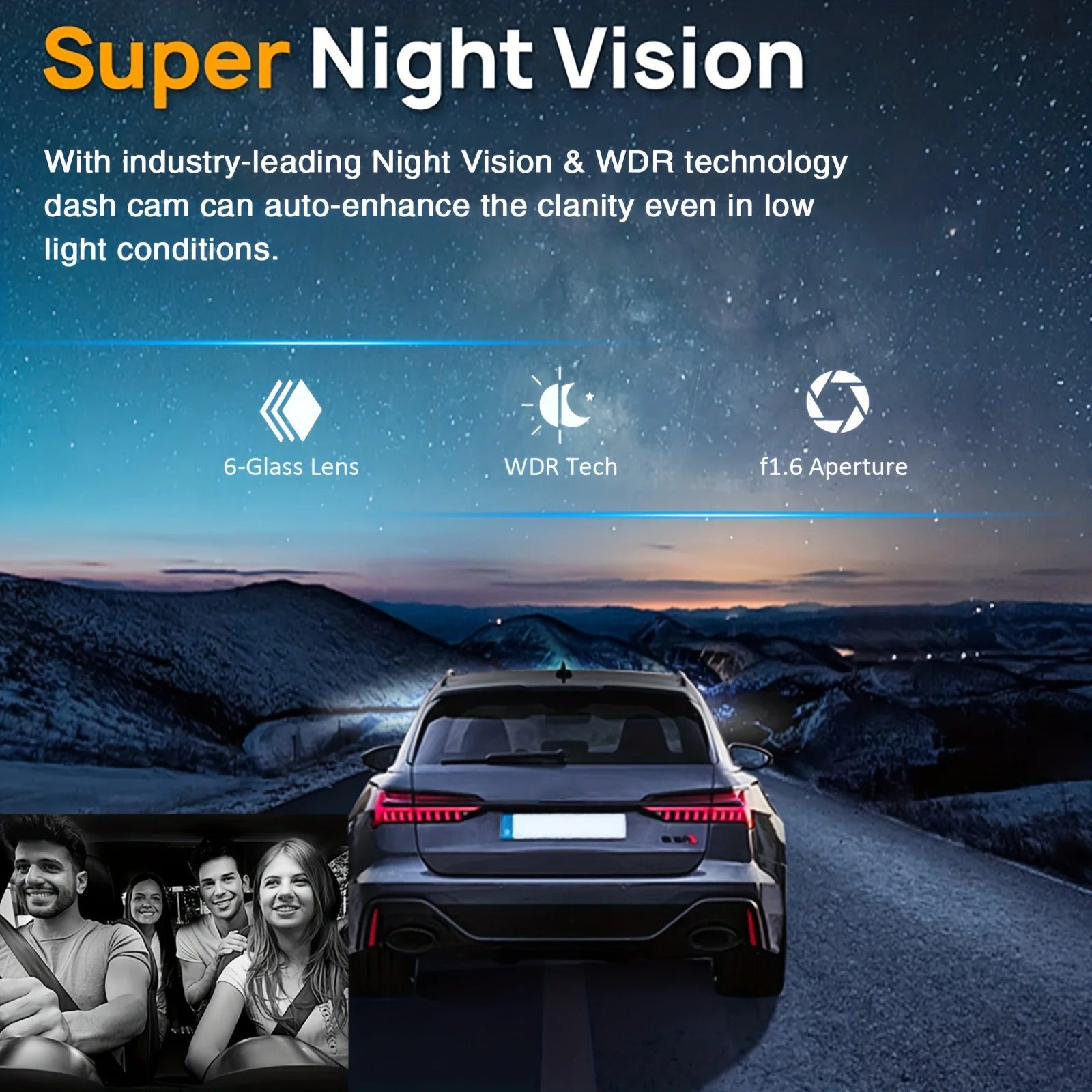 1080P WiFi Dual Camera Dash Cam, Front and Inside, with IR Night Vision and Loop Recording (Black)