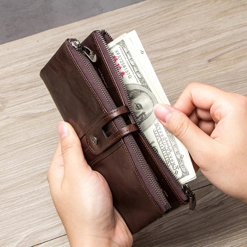 Men’s Long Clutch Wallet – Genuine Cowhide Leather with Card Holder & Zipper Coin Pocket - Delicate Leather