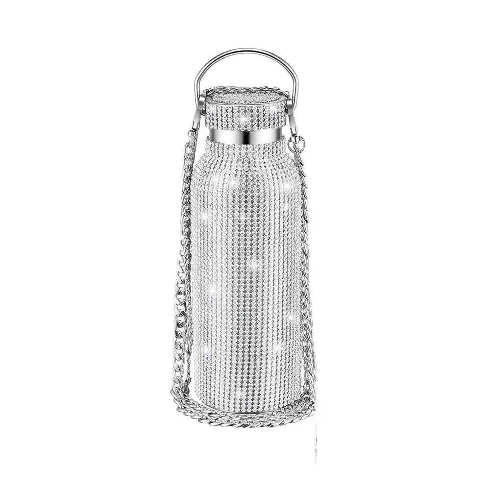 Bling Rhinestone Stainless Steel Water Bottle – Glitter Tumbler with Chain Strap & Thermal Insulation - Delicate Leather