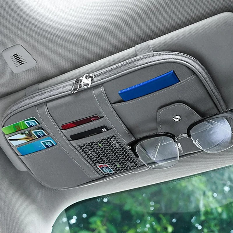 Car Sun Visor Organizer - Multi-pocket Zipper Auto Truck SUV Storage Pouch - Delicate Leather