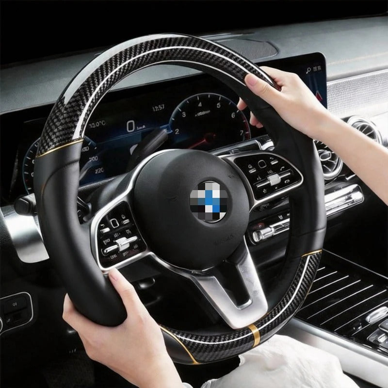 Carbon Fiber Steering Wheel Cover – Anti-Slip Universal 38cm O & D Shape Fit - Delicate Leather