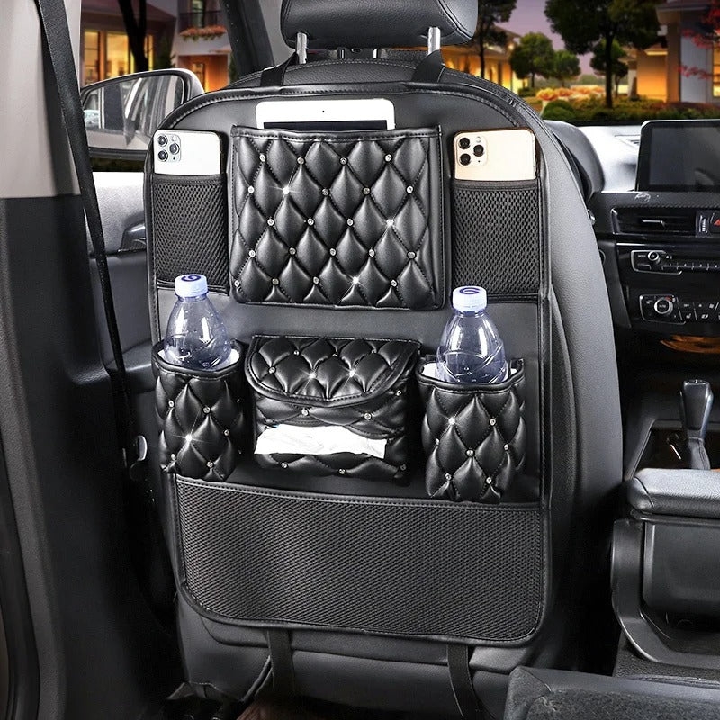 Pink Diamond Leather Car Backseat Storage Bag – Hanging Tissue & Phone Organizer - Delicate Leather