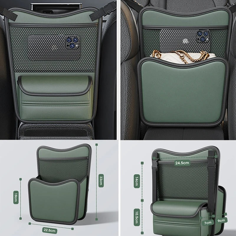 Large Capacity Car Seat Middle Hanger Storage Bag – Between Seats Organizer with Cup & Tissue Pockets - Delicate Leather