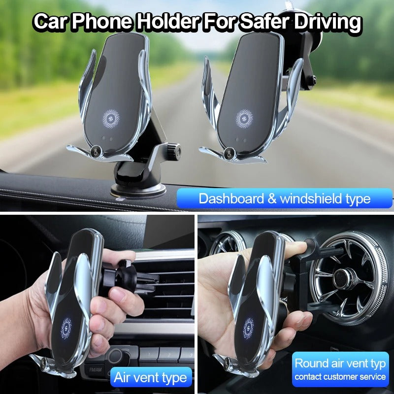 Universal Car Cell Phone Holder Bracket 15W Wireless Charging Handsfree Phone Holder for Dashboard, Windshield, Vent - Delicate Leather