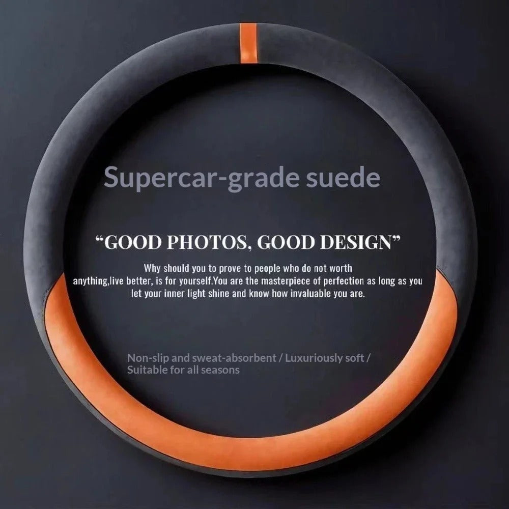 Suede Leather Steering Wheel Cover – Anti-Slip Breathable Universal 37–38cm Fit - Delicate Leather