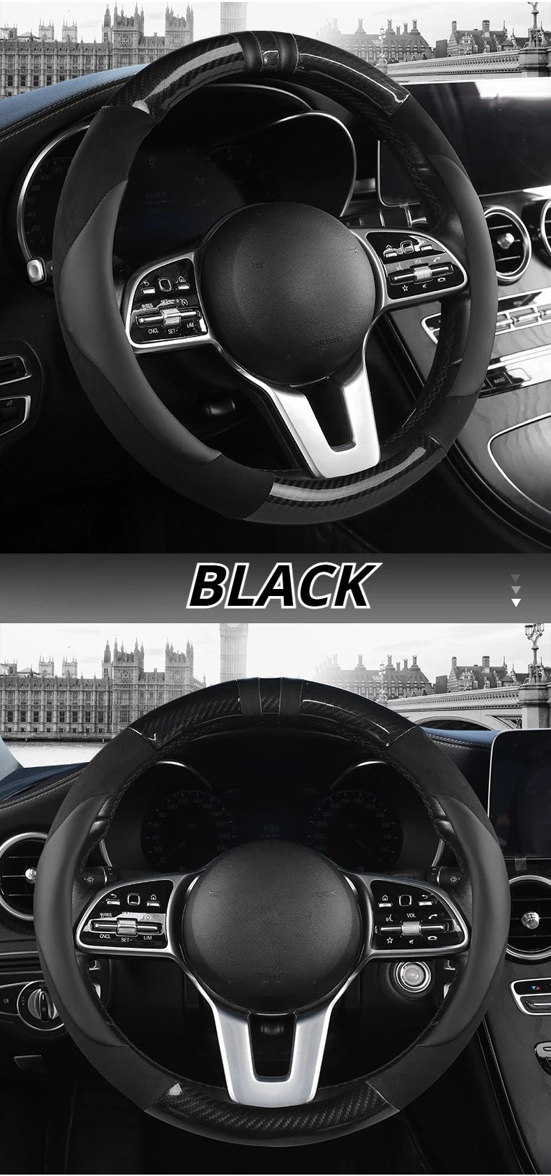 Color-Block Steering Wheel Cover – PU Leather & Suede, Carbon Fiber Style, 14.5–15 Inch Fit - Delicate Leather