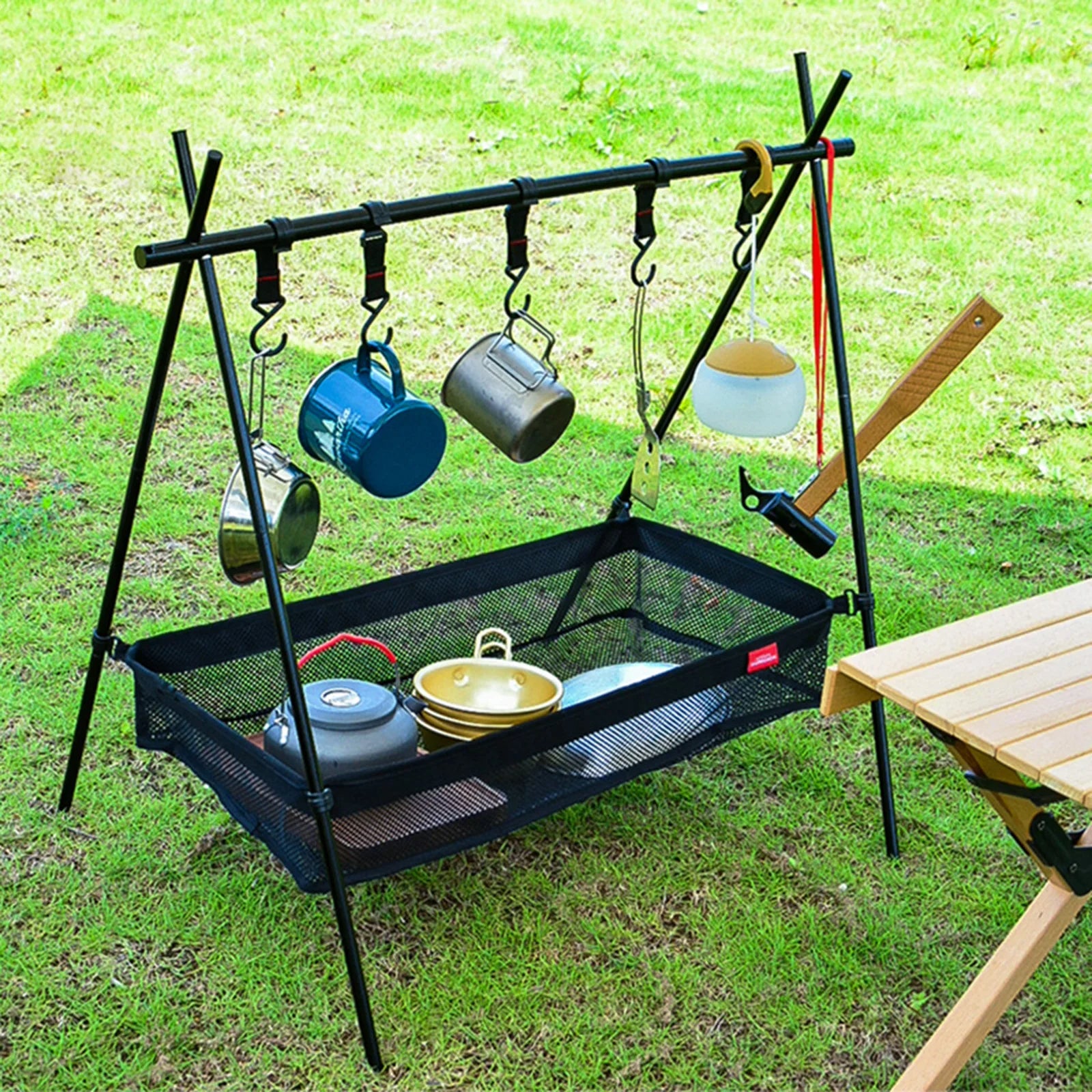 Outdoor Folding Net Bag: Picnic Under-Table Storage Hanging Pocket Organizer Mesh Bag for Desk, Box, and Tripod Rack during Camping and Outdoor Activities - Delicate Leather